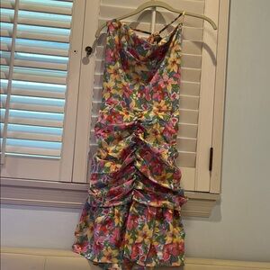 Bright Floral Cowl Mini Dress with Ruched Detail